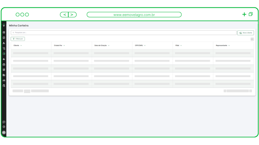 Imagem da tela 'Minha carteira' da plataforma EEmovel Agro, onde é possível visualizar os clientes de uma empresa, visualizando o nome do cliente, nome do analista que adicionou o cliente, data da criação, CPF/CNPJ do produtor rural, nome da filial e nome do representande.